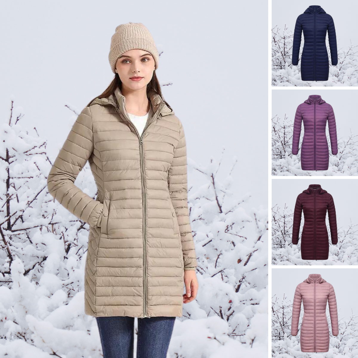 Femme portant un manteau d'hiver matelassé beige, bonnet en laine, fond enneigé. Variantes de couleur: bleu marine, violet, bordeaux, rose.