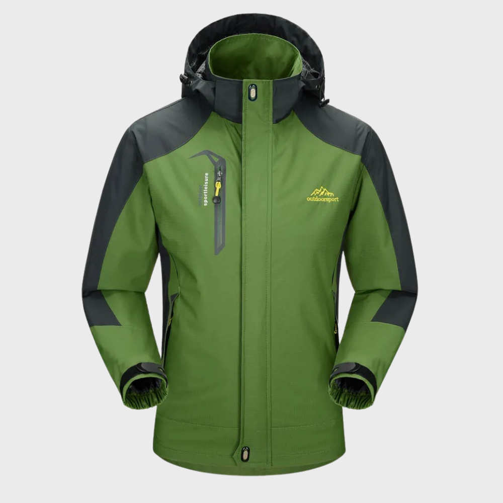Veste de randonnée imperméable verte et noire avec capuche, fermeture éclair, poches zippées, idéale pour activités extérieures et sports d'hiver.