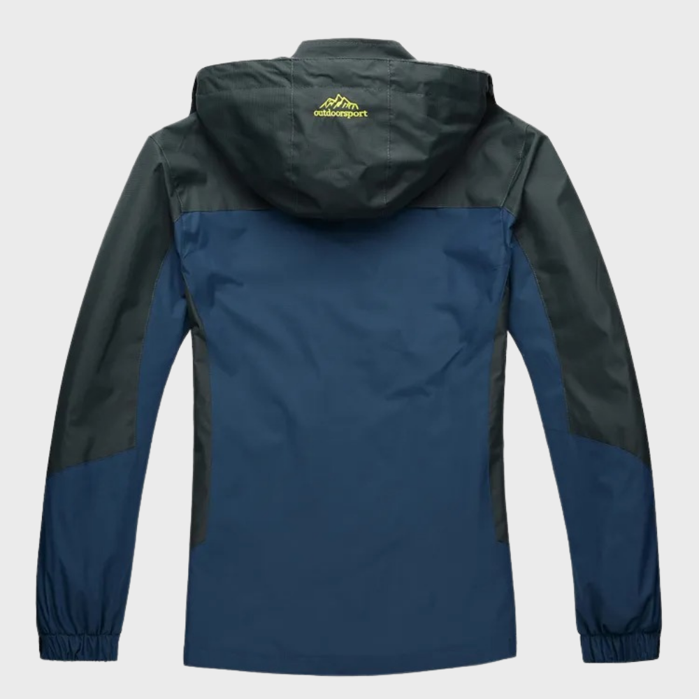 Veste imperméable homme bleu et noir avec capuche, Outdoor Sport, idéale pour randonnée, coupe-vent, design moderne, confort optimal.