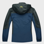 Veste imperméable homme bleu et noir avec capuche, Outdoor Sport, idéale pour randonnée, coupe-vent, design moderne, confort optimal.