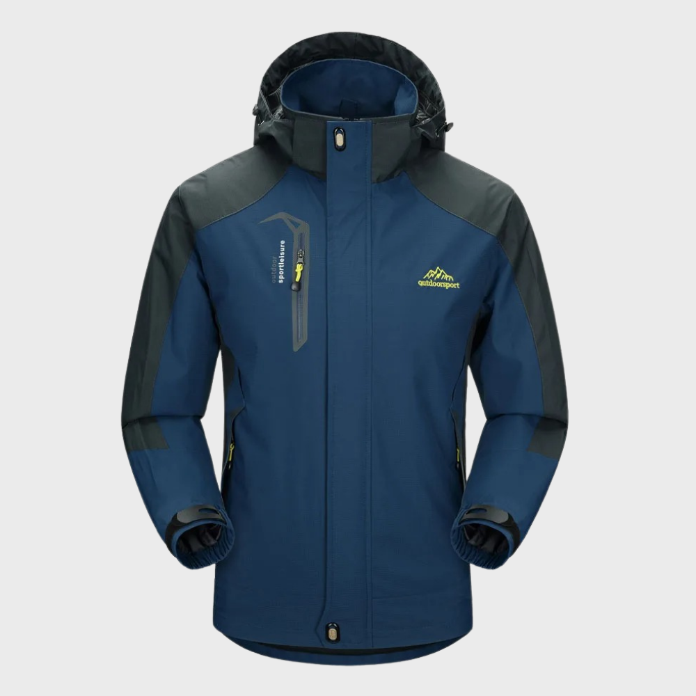 Veste imperméable homme bleu foncé avec capuche, fermeture éclair, poches zippées, idéale pour randonnée et activités extérieures.