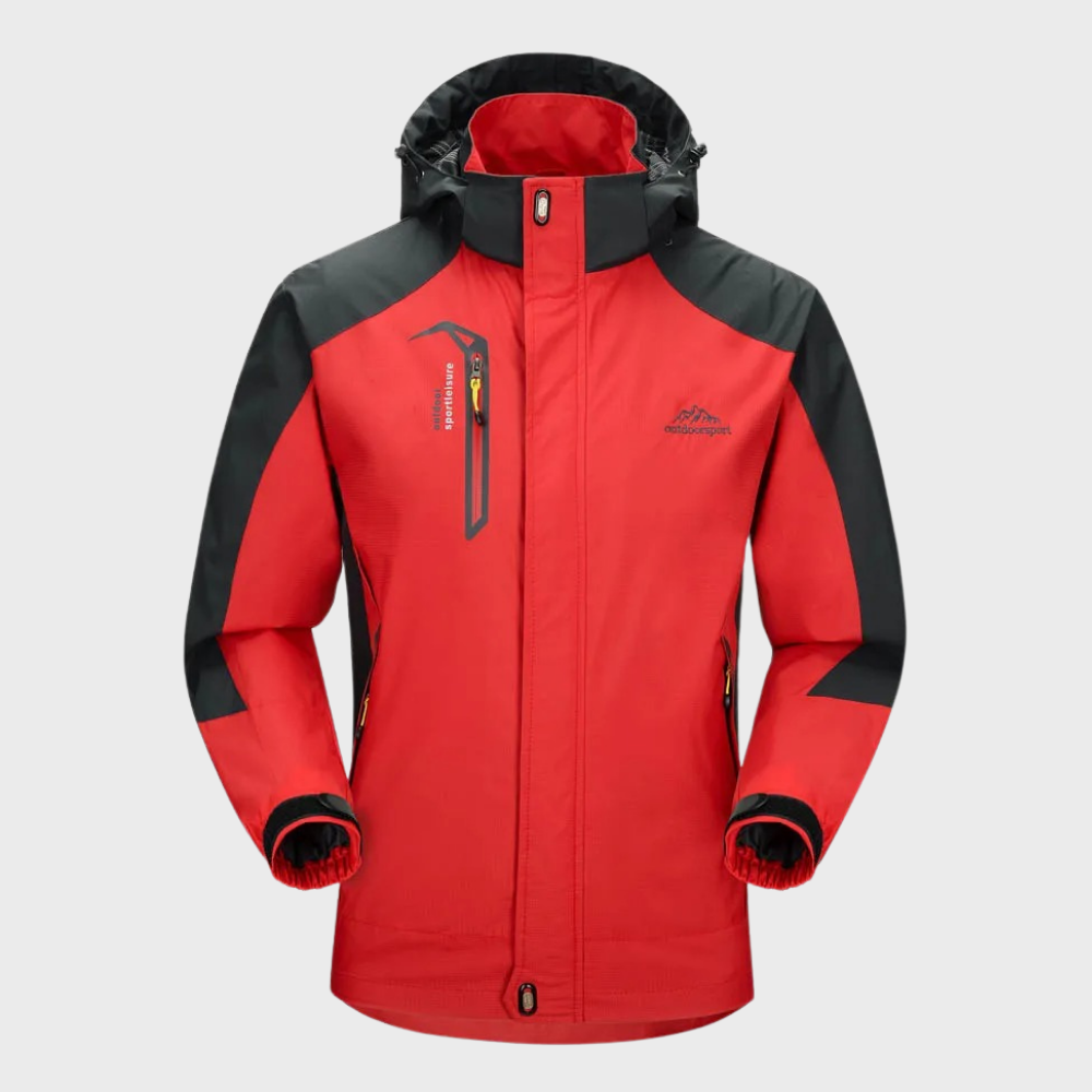 Veste de randonnée imperméable rouge et noire avec capuche, poches zippées, coupe-vent, idéale pour activités extérieures et sports d'hiver.
