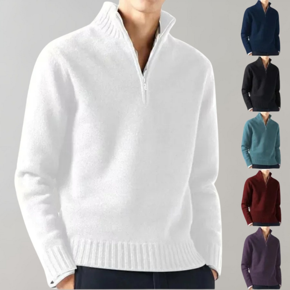 Pull en laine blanc avec col zippé, présenté sur mannequin. Variantes de couleurs: noir, bleu, vert, rouge, violet. Mode homme élégante et confortable.