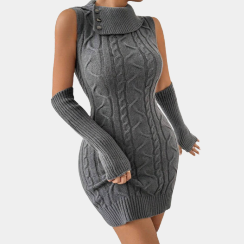 Robe pull gris sans manches en tricot torsadé avec col montant et mitaines assorties, mode automne-hiver, style élégant et moderne.
