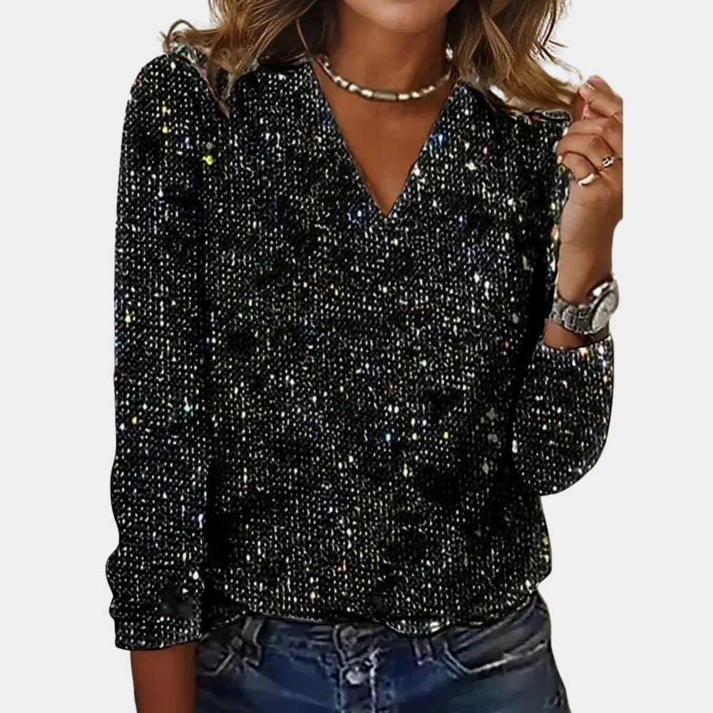 Blouse noire à paillettes pour femme, manches longues, col en V, tenue élégante et chic, idéale pour soirées et événements spéciaux.