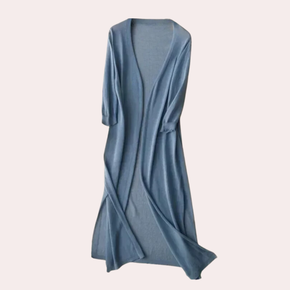 Robe longue en lin bleu, manches trois-quarts, style décontracté, idéale pour l'été. Mode féminine élégante et confortable.
