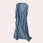 Robe longue en lin bleu, manches trois-quarts, style décontracté, idéale pour l'été. Mode féminine élégante et confortable.