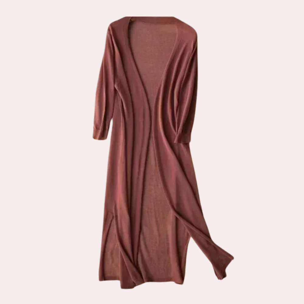 Robe longue en maille marron, manches longues, style décontracté, idéale pour l'automne. Mode féminine élégante et confortable.