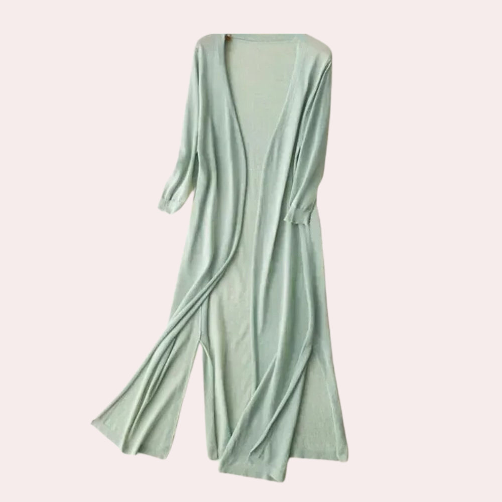 Robe longue en maille vert menthe, manches longues, style décontracté, idéale pour l'été. Mode féminine élégante et confortable.