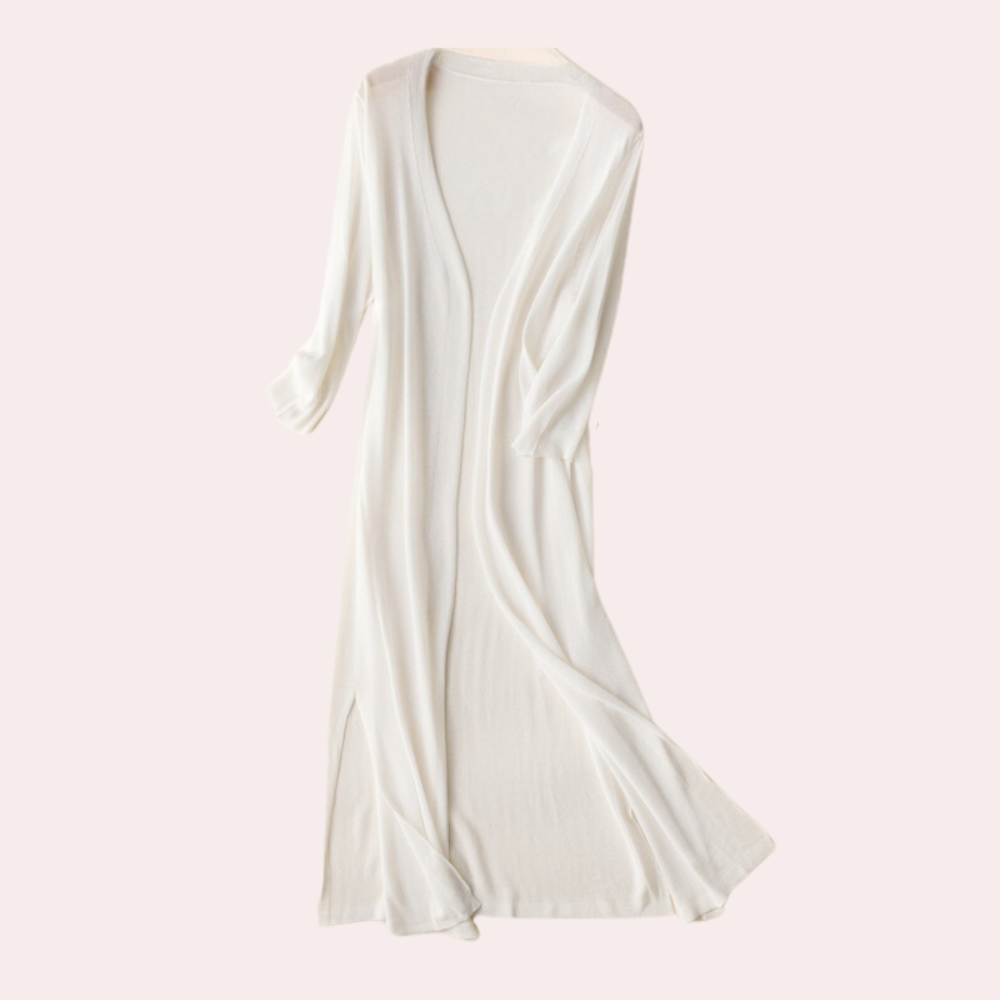 Robe longue blanche en lin, manches longues, style décontracté, élégante et fluide, idéale pour l'été et les occasions décontractées.