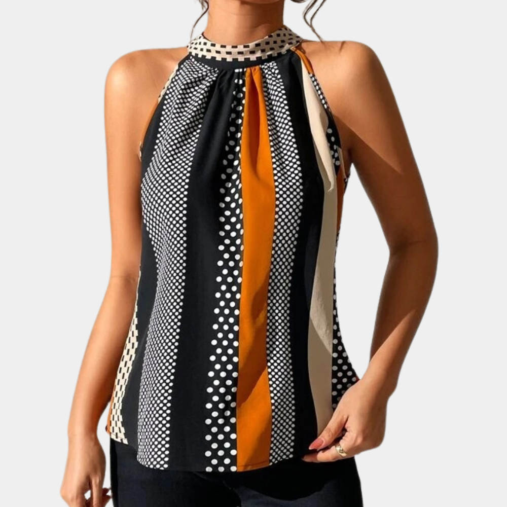 Top sans manches à col haut, motif à rayures et pois noir, blanc et orange, femme, mode élégante, tenue estivale chic.