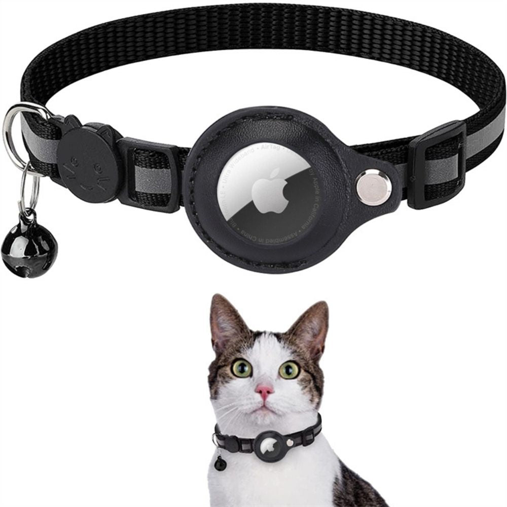 Collier pour chat avec AirTag noir, clochette et boucle réglable, idéal pour localiser votre animal de compagnie. Accessoire tendance et pratique.