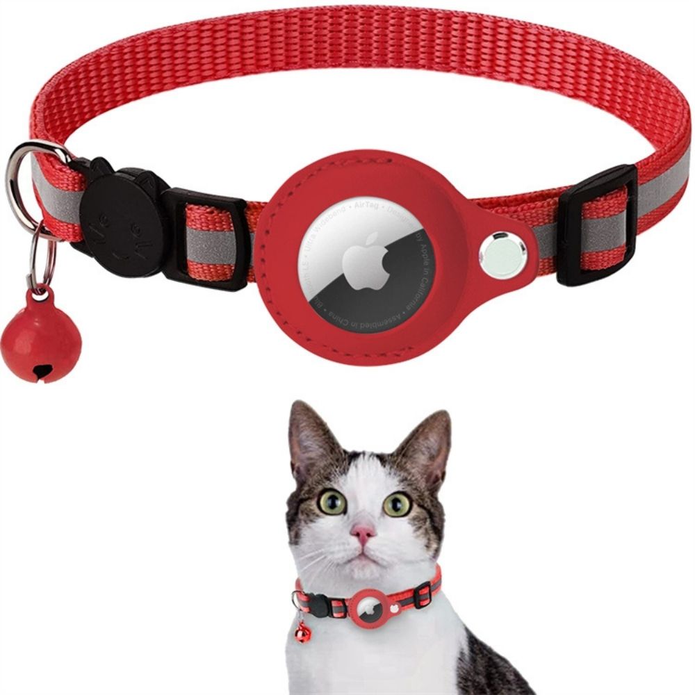 Collier rouge pour chat avec AirTag intégré, clochette et bande réfléchissante, idéal pour la sécurité et le suivi des animaux de compagnie.