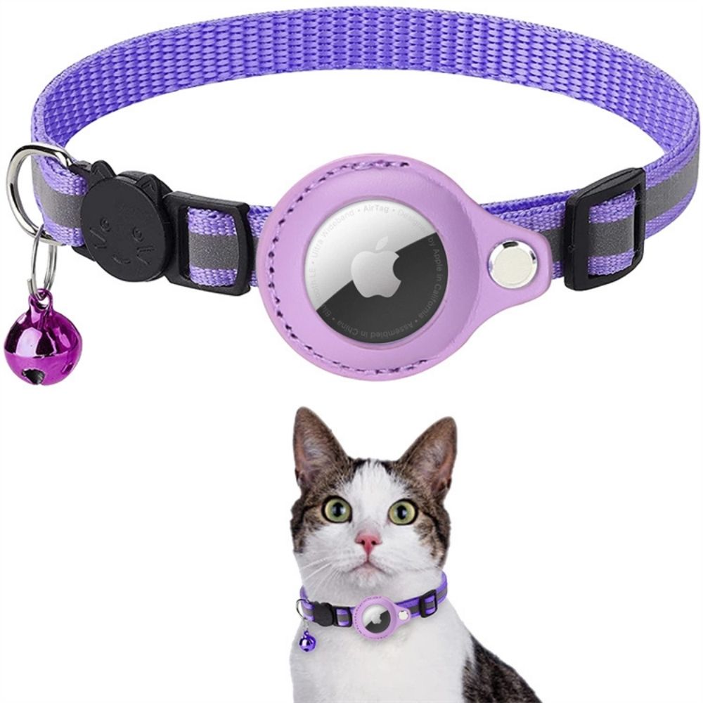 Collier pour chat violet avec AirTag intégré, clochette et boucle réglable. Accessoire de suivi GPS pour animaux de compagnie.