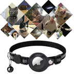 Collier pour chat avec support AirTag, noir, clochette et réflecteur. Idéal pour localiser les animaux de compagnie. Photos de chats en arrière-plan.