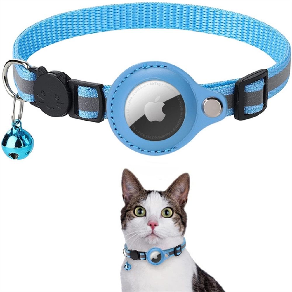 Collier pour chat bleu avec AirTag intégré, clochette et boucle réglable, idéal pour la localisation et la sécurité des animaux de compagnie.