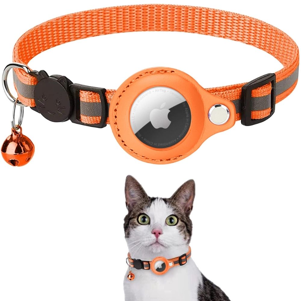 Collier pour chat orange avec AirTag intégré, clochette et boucle réglable. Accessoire de suivi GPS pour animaux de compagnie.