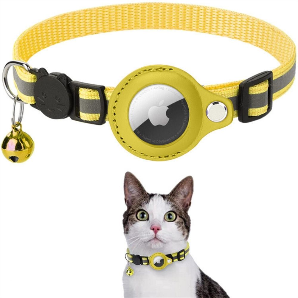 Collier pour chat jaune avec AirTag intégré et clochette, idéal pour localiser votre animal de compagnie. Accessoire tendance et pratique pour chats.