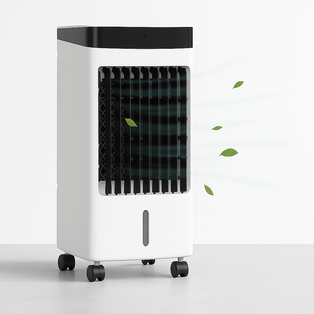 Climatiseur mobile blanc sur roulettes, diffusant de l'air frais avec des feuilles vertes, design moderne. Idéal pour rafraîchir les espaces intérieurs.