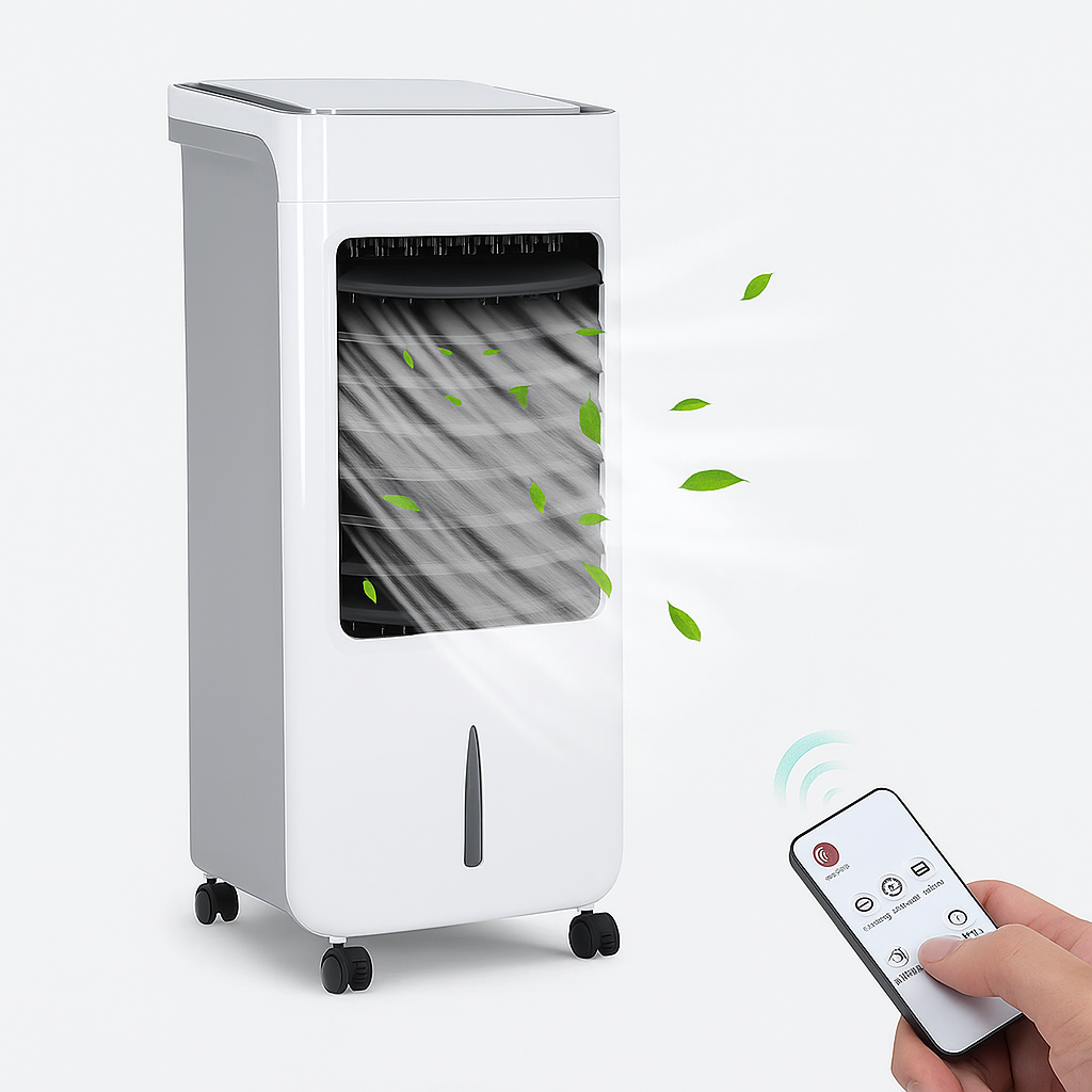Climatiseur mobile blanc avec télécommande, flux d'air visible, roulettes pour mobilité. Idéal pour refroidissement efficace et portable à domicile.