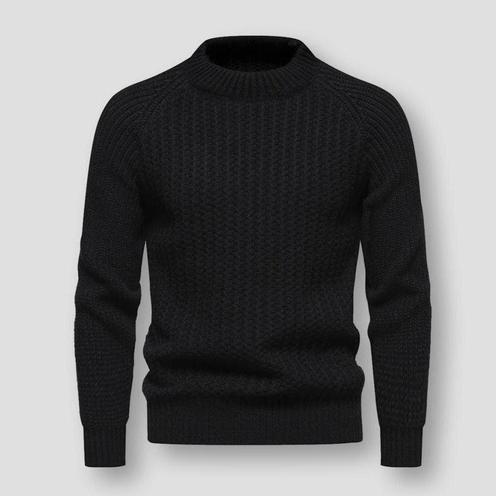 Pull noir en laine pour homme, col rond, manches longues, design texturé. Mode hiver élégante, vêtement chaud et confortable.