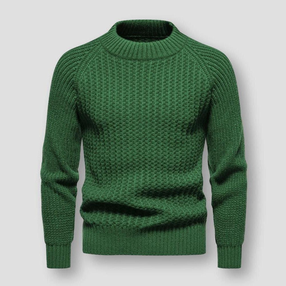 Pull vert en laine torsadée pour homme, manches longues, col rond, style élégant et chaud, idéal pour l'hiver et la mode masculine.