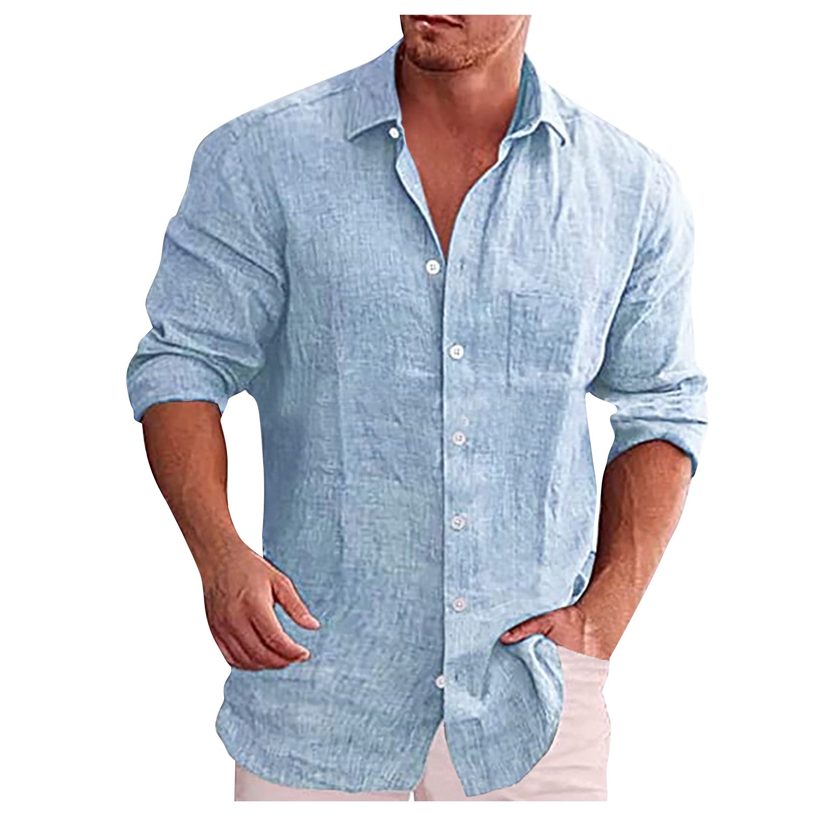 Chemise en lin bleu clair pour homme, manches longues retroussées, col classique, boutons blancs, style décontracté, idéale pour l'été.