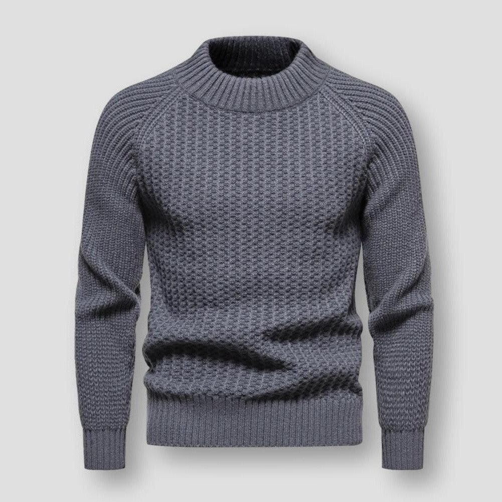 Pull-over gris en maille torsadée pour homme, col rond, manches longues, style décontracté, idéal pour l'hiver et la mode automne-hiver.
