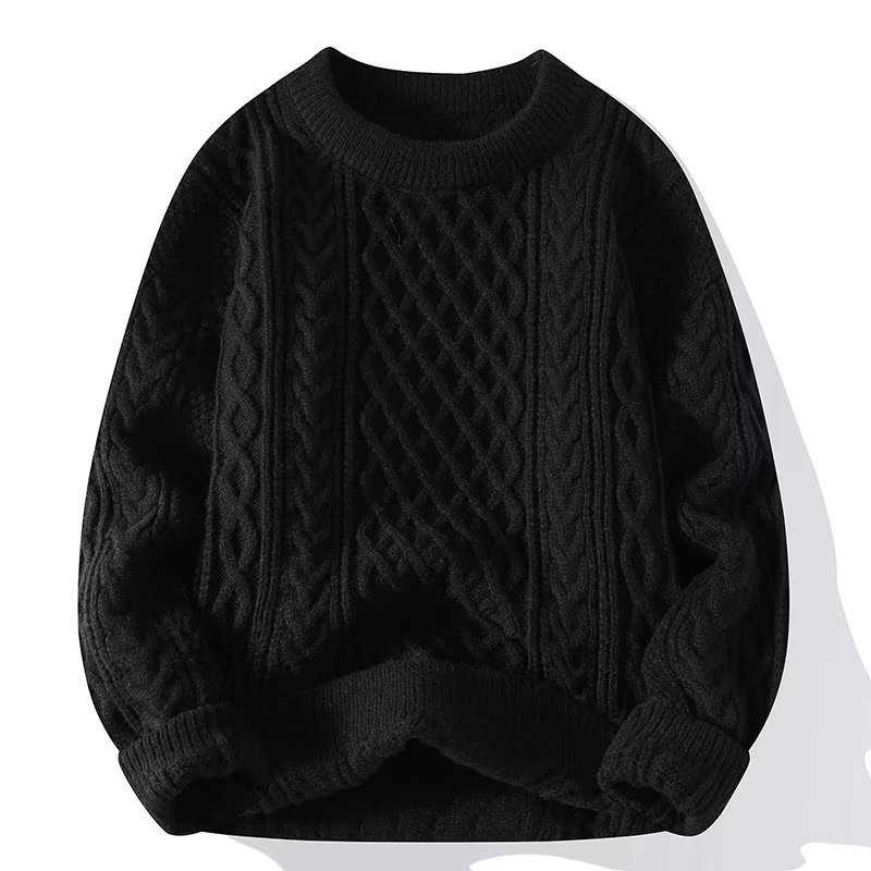 Pull noir en tricot torsadé, col rond, manches longues, style hiver, mode homme, confortable et chaud, idéal pour temps froid.