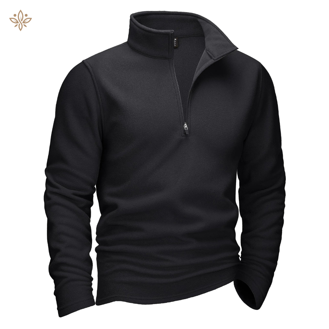 Pull-over noir à col zippé, manches longues, design moderne. Vêtement chaud et confortable pour homme, idéal pour l'hiver et les activités extérieures.