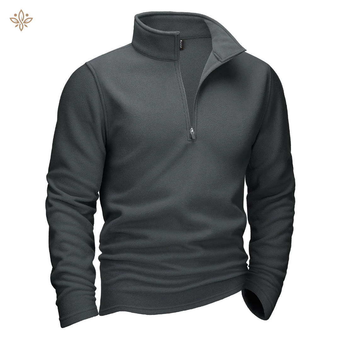 Pull-over gris à col zippé, manches longues, style décontracté, idéal pour l'hiver. Vêtement chaud et confortable pour homme.