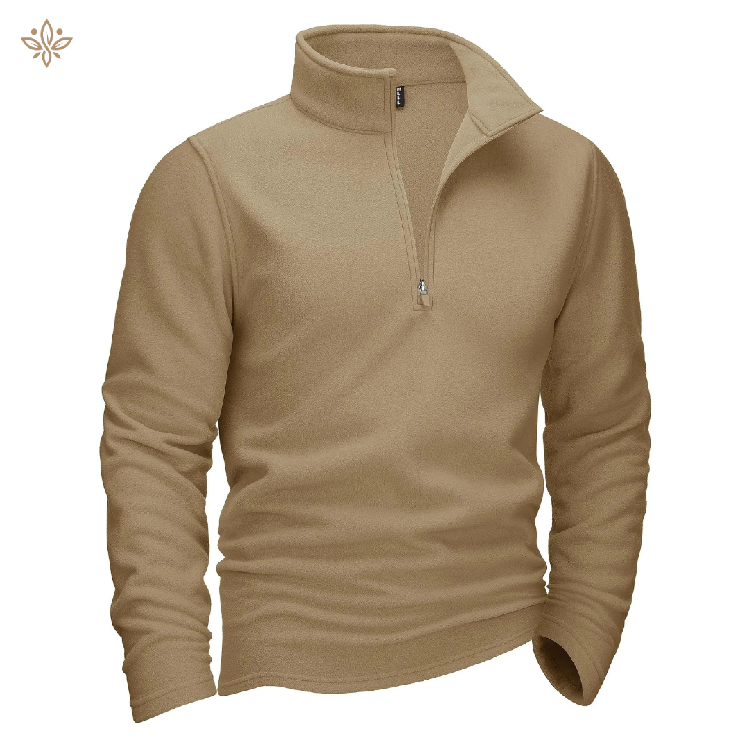 Pull polaire beige pour homme avec demi-fermeture éclair, col montant. Vêtement chaud et confortable, idéal pour l'hiver et les activités extérieures.