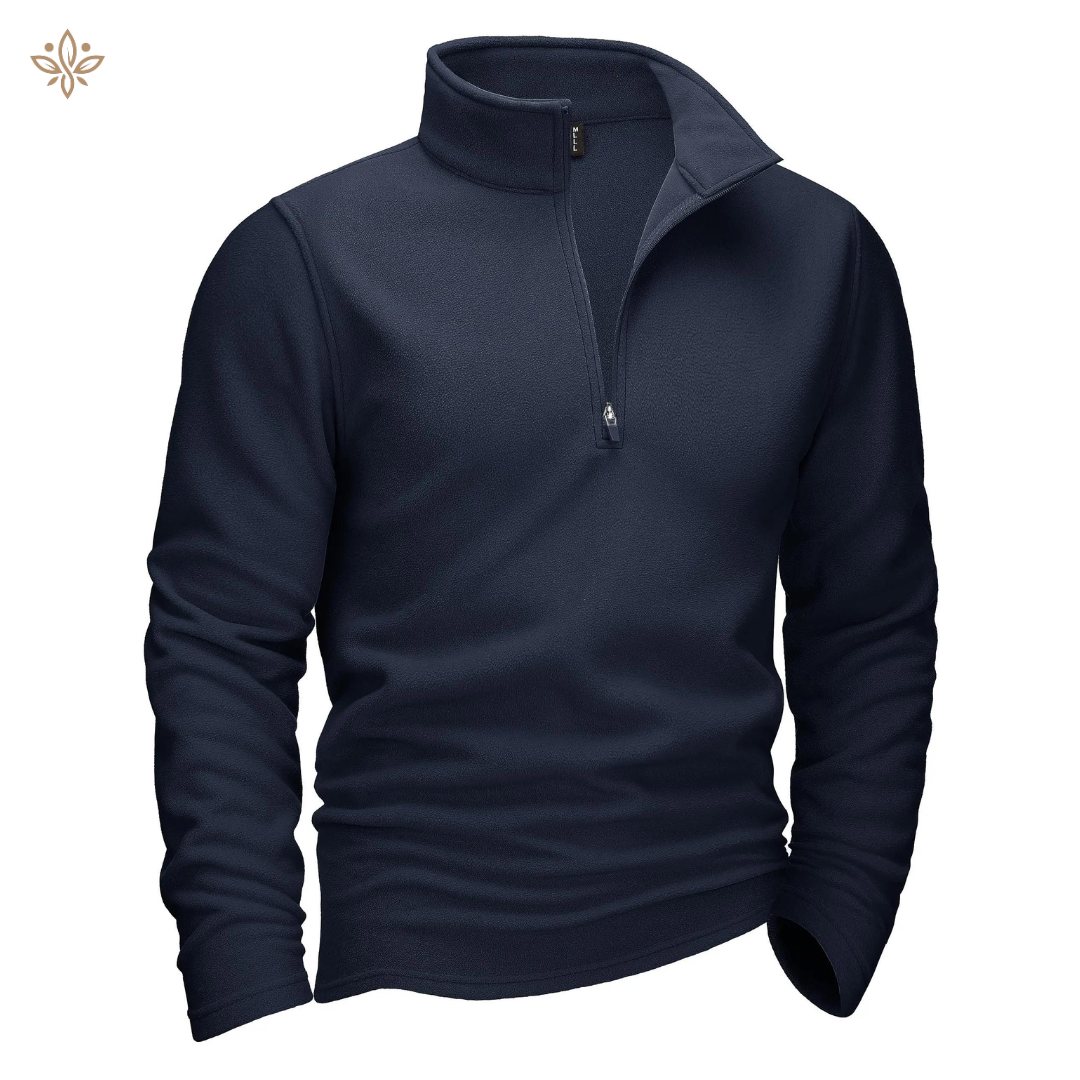 Pull-over bleu marine à col zippé, manches longues, en tissu polaire. Vêtement chaud et confortable pour homme, idéal pour l'hiver et les activités extérieures.