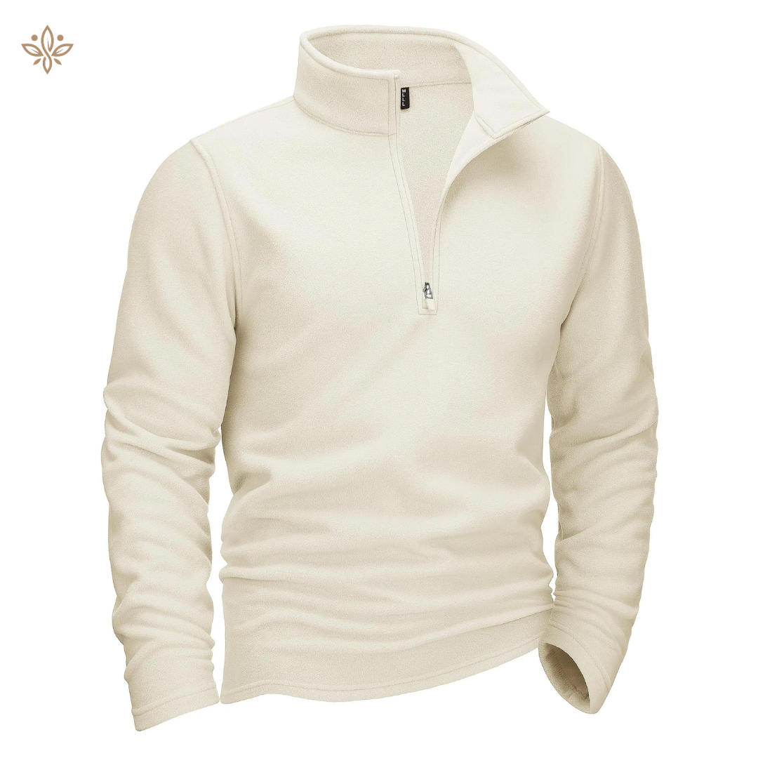 Pull polaire beige pour homme avec fermeture éclair, col montant. Vêtement chaud et confortable, idéal pour l'hiver et les activités de plein air.