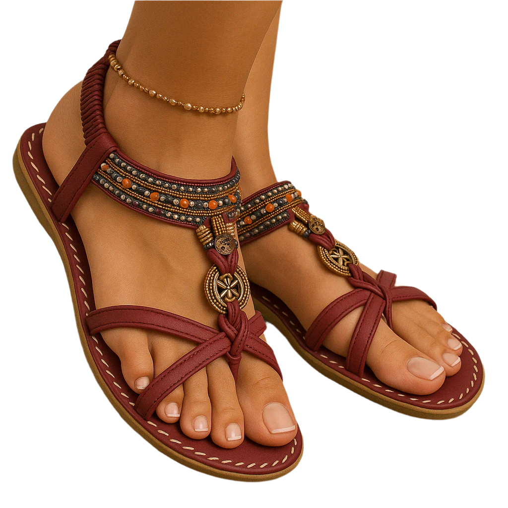 Sandales rouges bohèmes pour femme avec perles colorées et motifs ethniques, portées avec un bracelet de cheville doré. Mode estivale tendance.