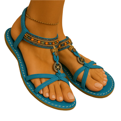 Sandalias de verano bohemias para mujer con tiras de cuentas y tira en el tacón