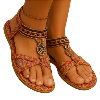 Sandalias de verano bohemias para mujer con tiras de cuentas y tira en el tacón
