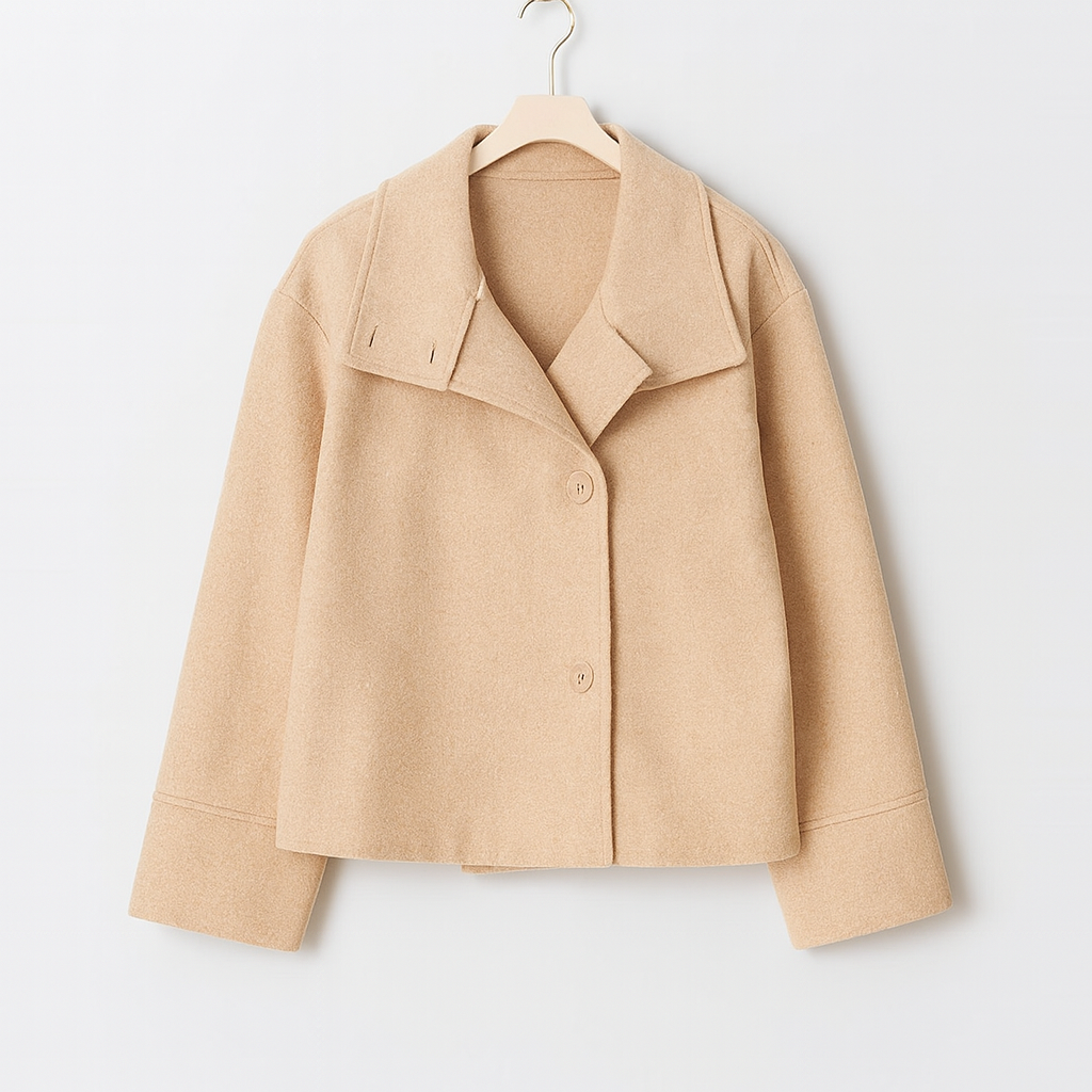 Veste beige en laine pour femme, style élégant et moderne, avec col large et boutons, suspendue sur un cintre. Mode automne-hiver tendance.