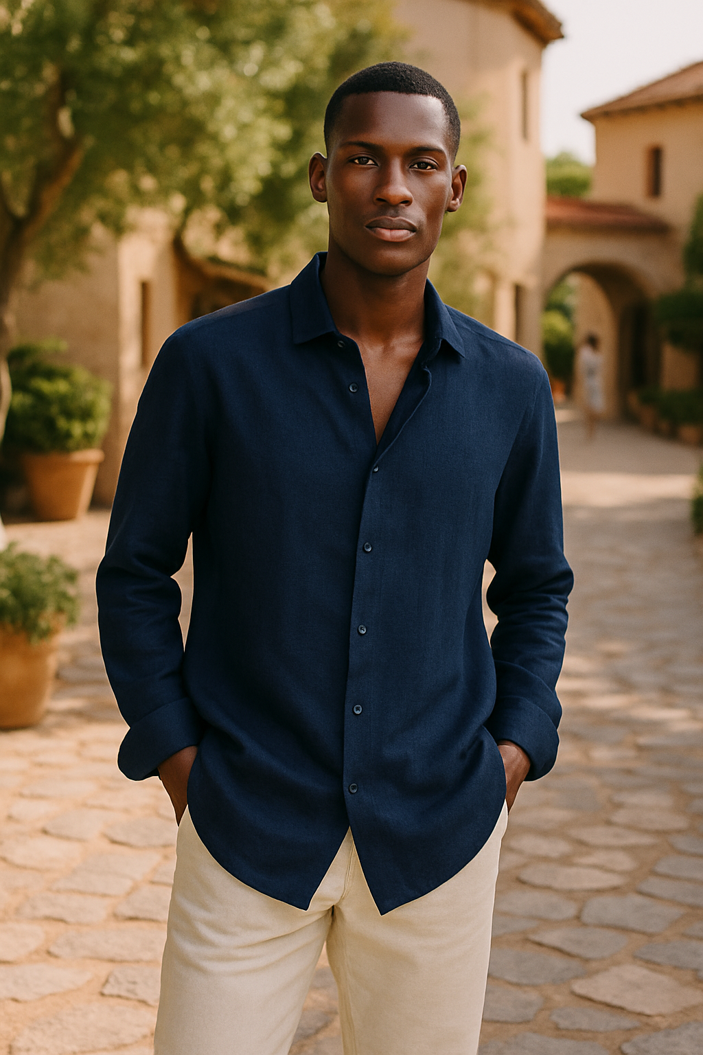 Homme portant une chemise bleue, debout sur une allée pavée, entouré de bâtiments en pierre et de verdure, style décontracté et élégant.