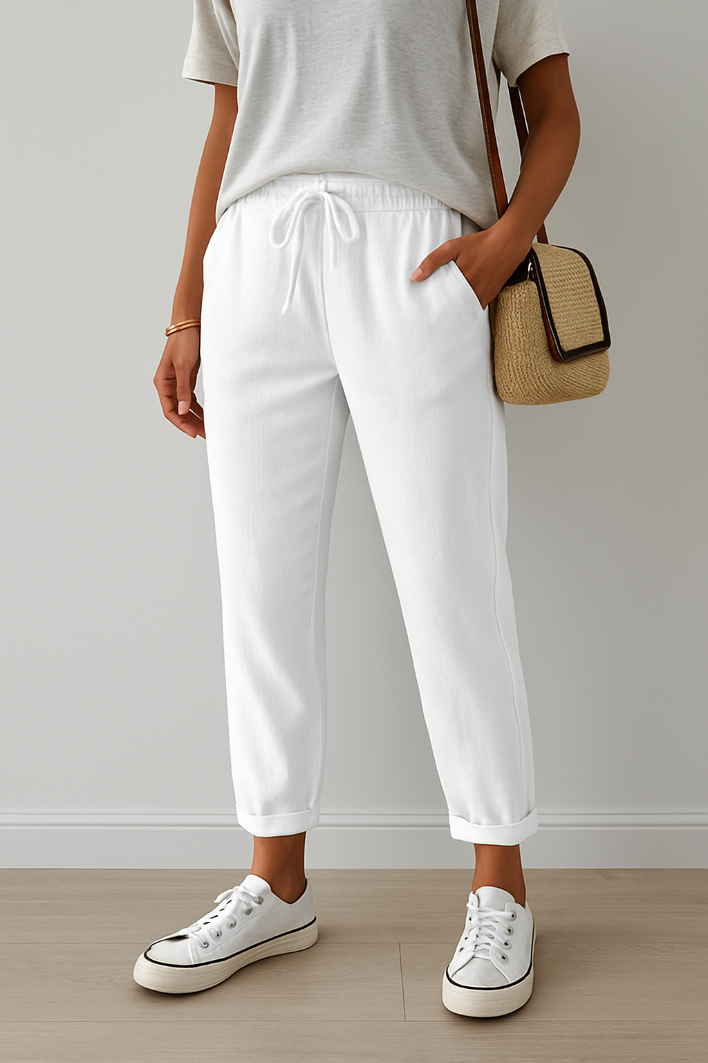 Femme en pantalon blanc décontracté, t-shirt gris, baskets blanches, sac en paille. Mode estivale, tenue confortable et élégante.