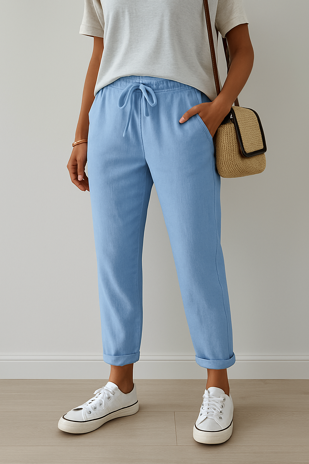 Femme portant un pantalon bleu clair décontracté avec cordon, t-shirt blanc, baskets blanches et sac en paille. Mode estivale décontractée.
