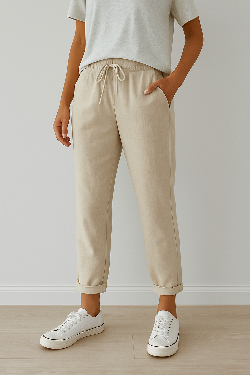 Pantalon beige en lin pour femme, taille élastique avec cordon, poches latérales, ourlets retroussés, style décontracté, porté avec t-shirt blanc.