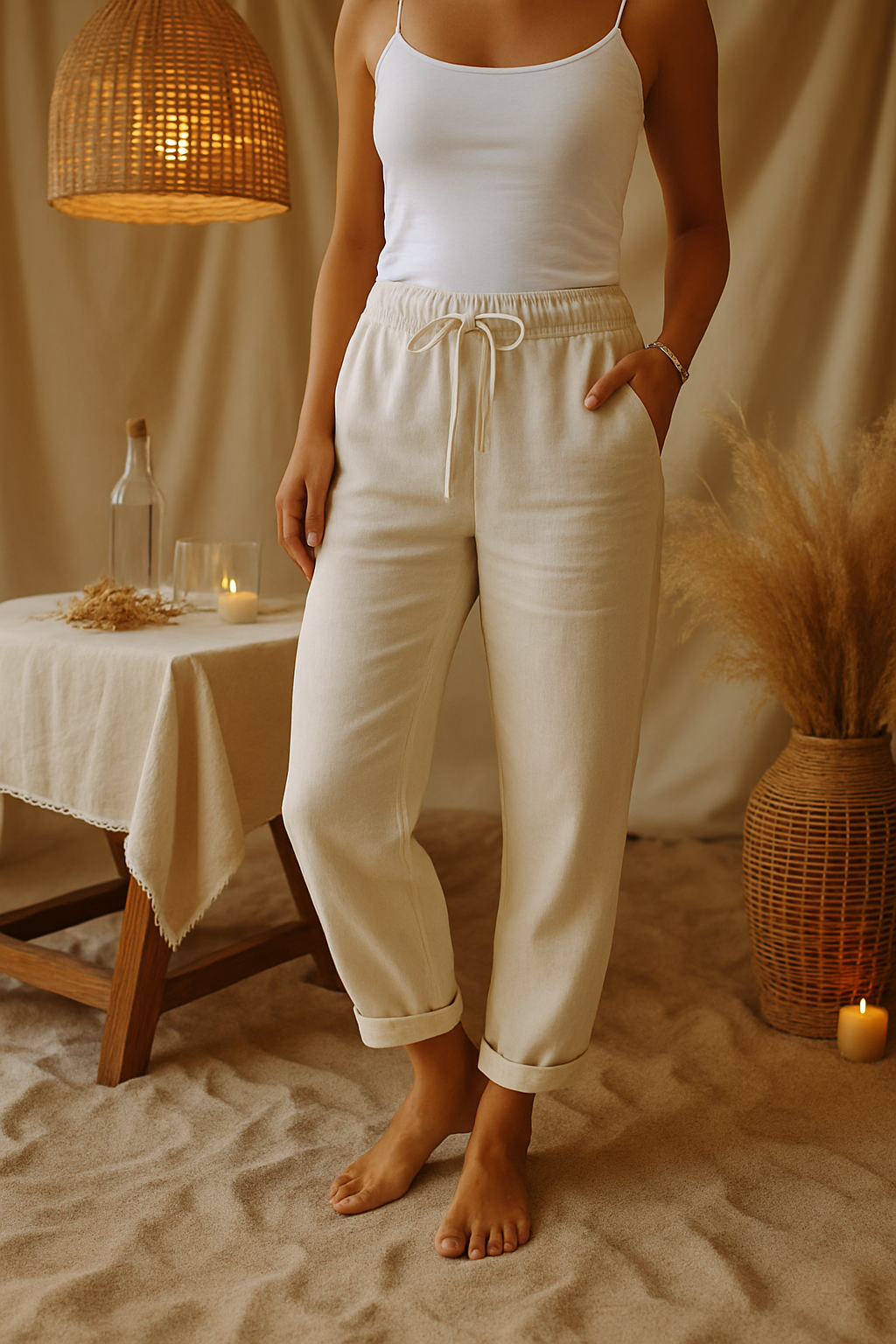 Pantalones de cintura elástica de algodón y lino de Mónica