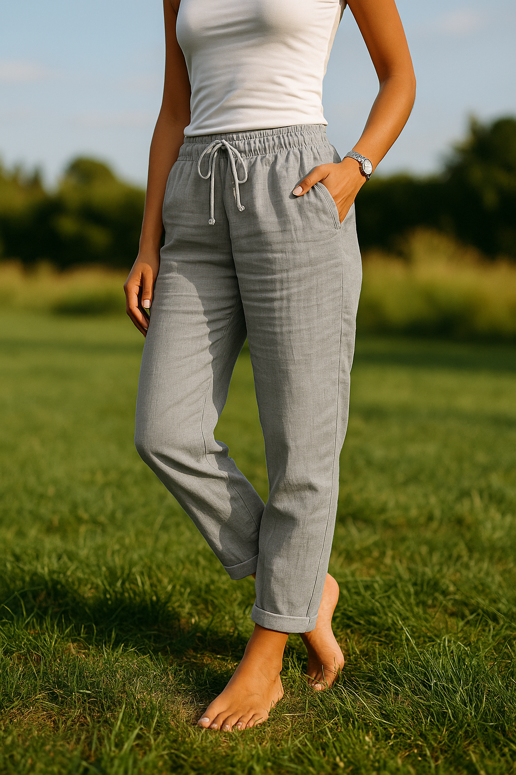 Pantalones de cintura elástica de algodón y lino de Mónica