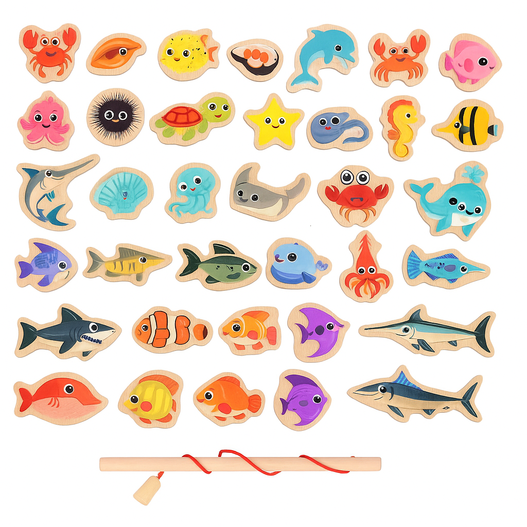 Jeu de pêche magnétique en bois avec 30 pièces colorées représentant des animaux marins, incluant un requin, un dauphin et une pieuvre, et une canne à pêche.