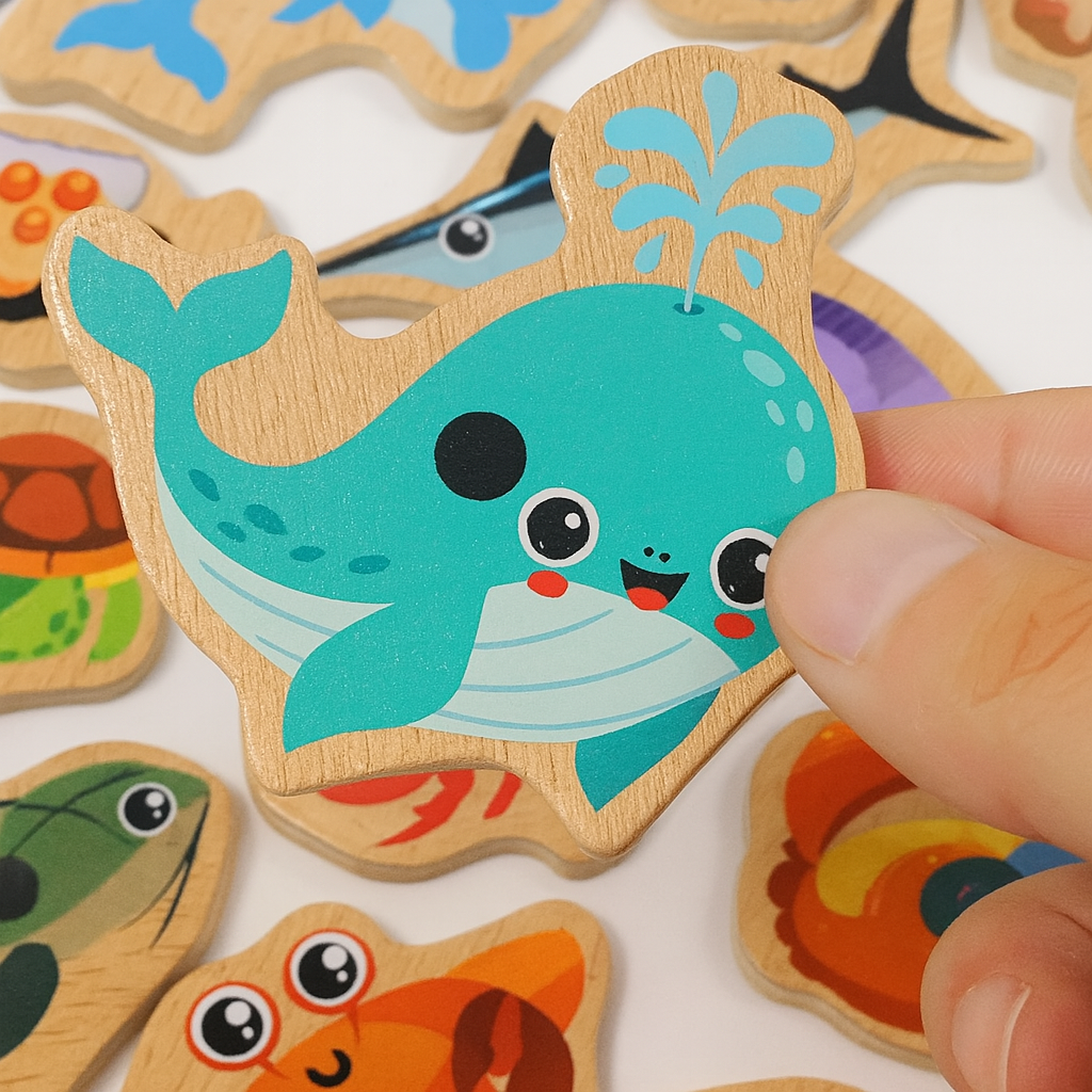 Jouet en bois en forme de baleine bleue souriante avec jet d'eau, entouré d'autres animaux marins colorés. Puzzle éducatif pour enfants.