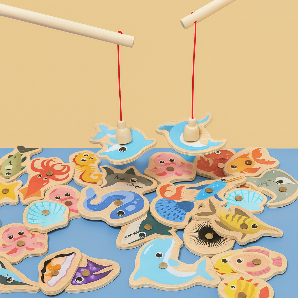 Jeu de pêche magnétique en bois pour enfants, avec cannes à pêche et pièces colorées en forme d'animaux marins, sur fond beige et bleu.