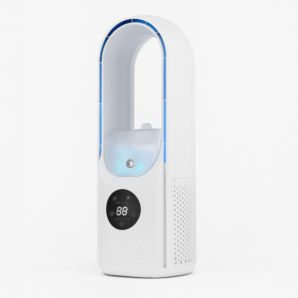 Purificateur d'air blanc moderne sans pales, affichage numérique, design élégant, technologie avancée, idéal pour maison ou bureau.