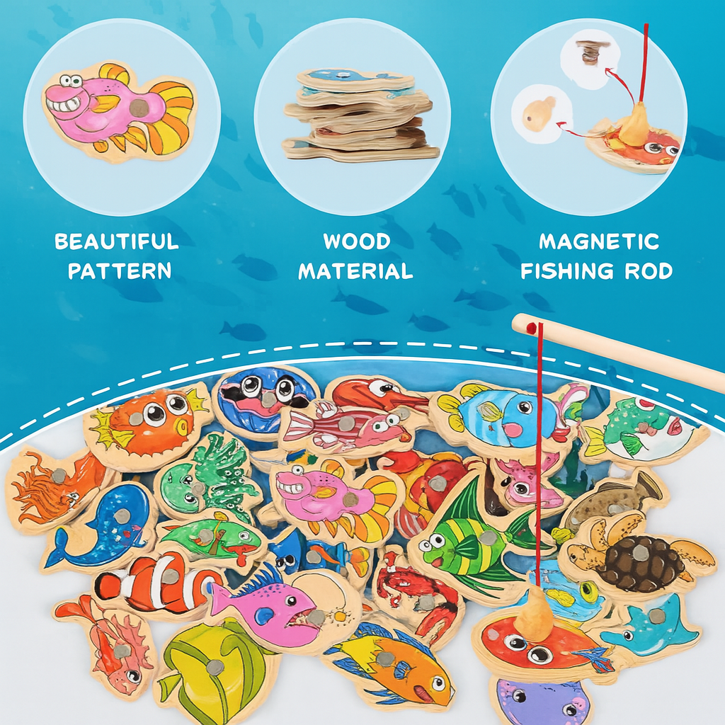 Jouet de pêche magnétique en bois pour enfants, motifs colorés de poissons, canne à pêche incluse, jeu éducatif amusant et interactif.