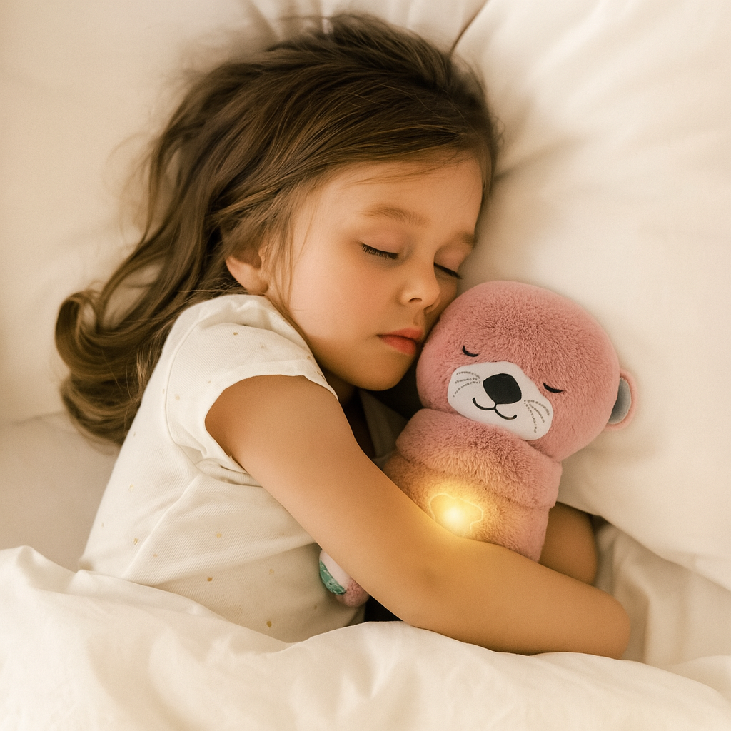 Petite fille endormie câlinant une peluche rose lumineuse dans un lit blanc, ambiance douce et paisible, jouet enfant, sommeil serein.